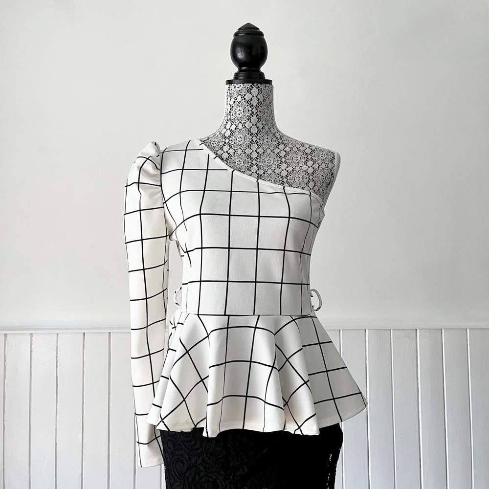 Seduction Check Print One Shoulder Asymmetrical Neckline Peplum Top Size L